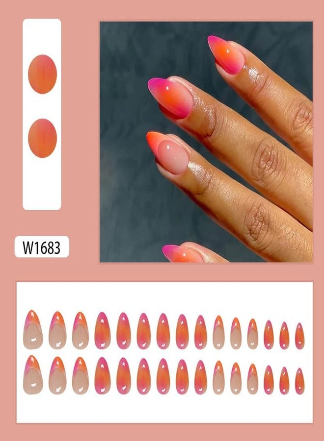 TOGZOM Almond Press On Nails Short Ombre Fake Nails Pink Orange Gradation Nails Press Ons French Acrylic False Nails With Artificial Glossy Designs Full Cover Glue On Nails For Women Girls - Image 5